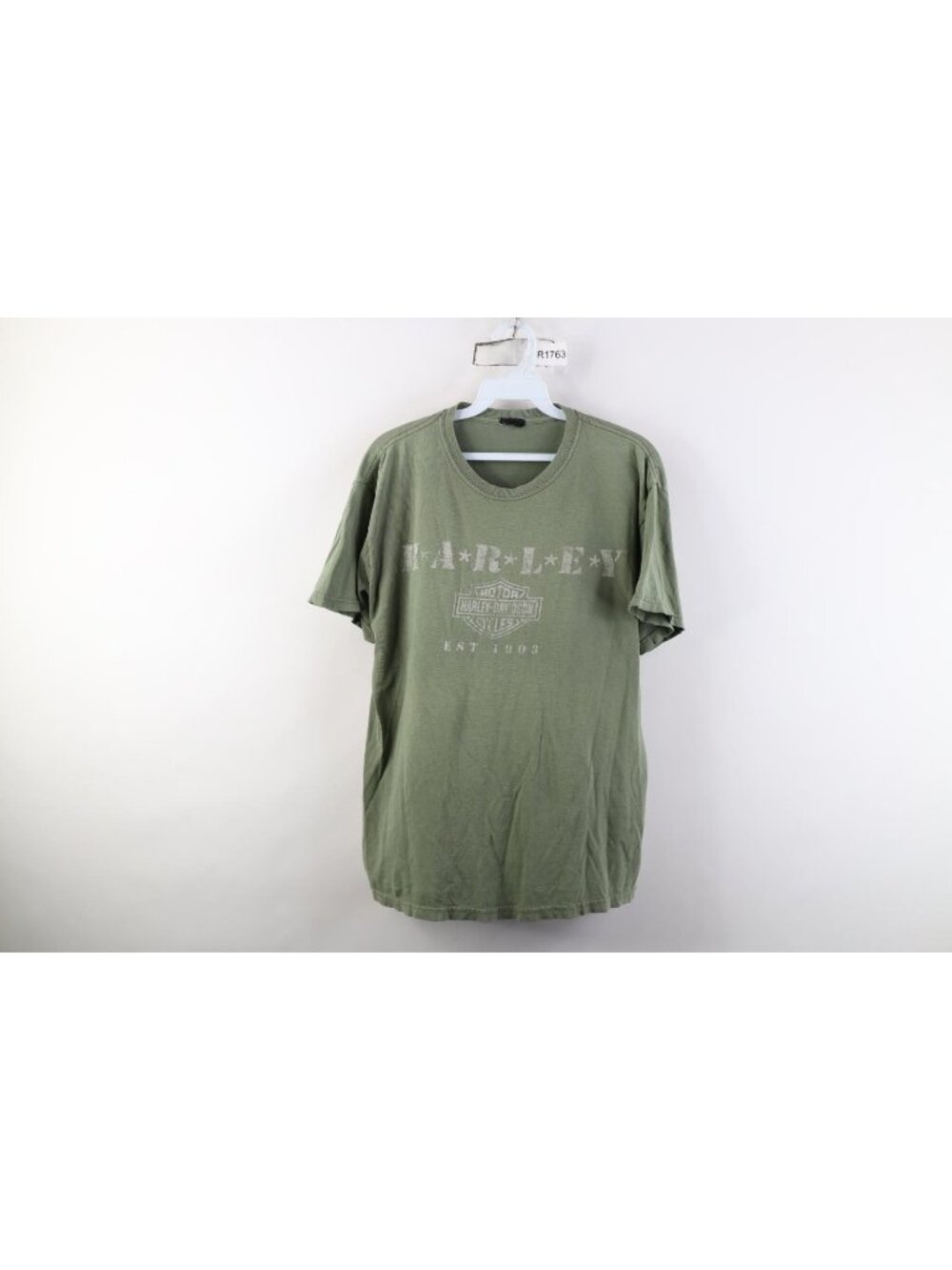 Vintage Y2K Harley Davidson Mens Small Distressed Military Stencil T-Shirt Green